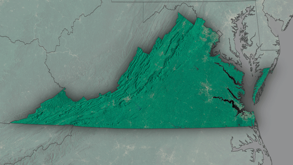 The state of Virginia shown in green on a grey map background